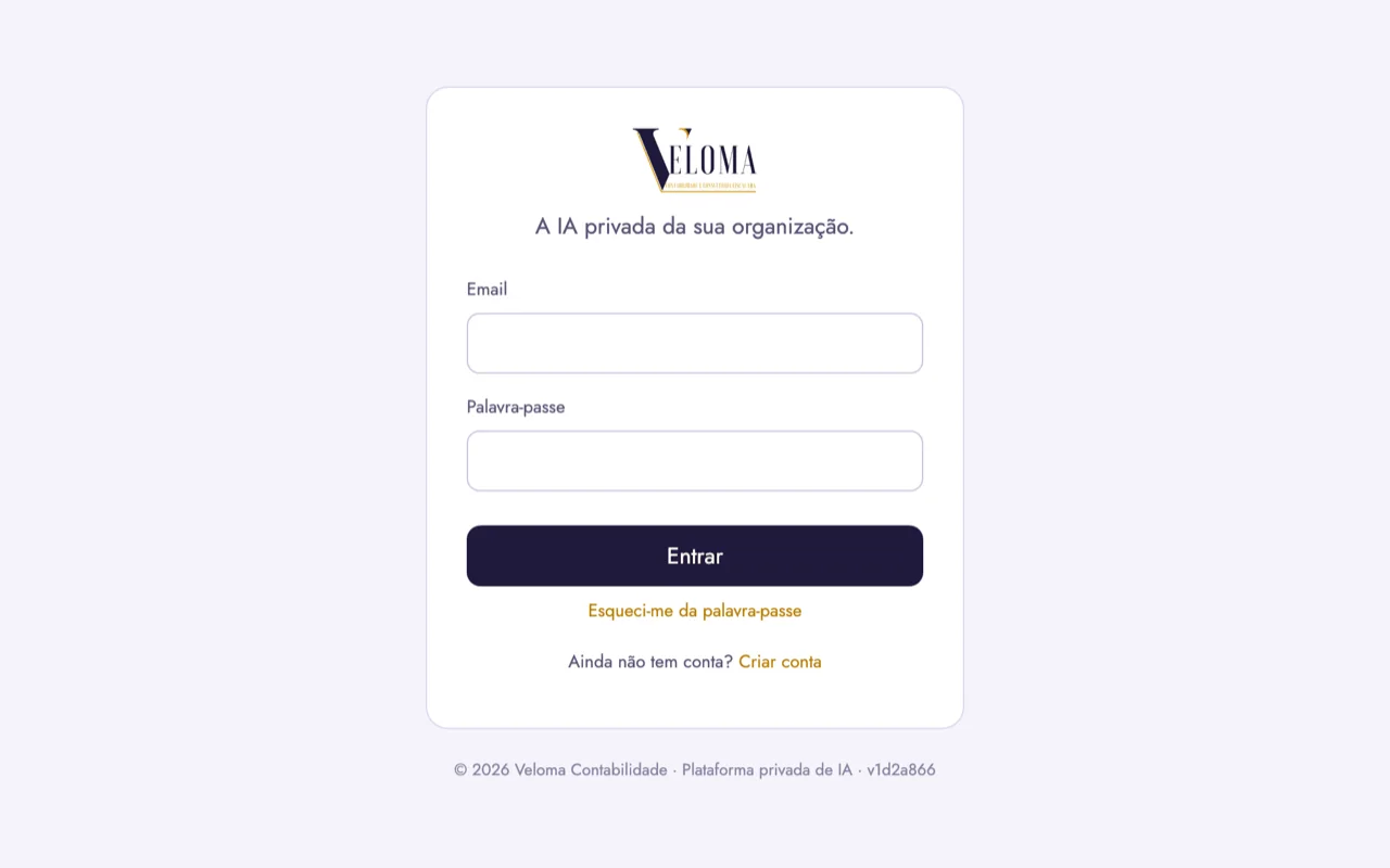 Ecrã de entrada da Veloma IA, a IA privada da organização