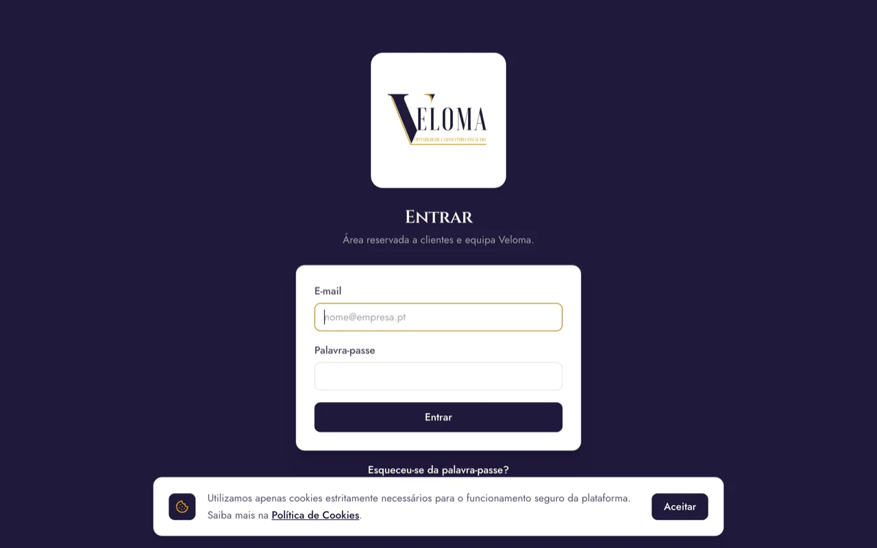 Ecrã de entrada do Veloma Portal, a área de cliente